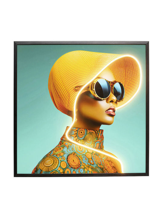 Paintings Canvas Sun Hat Woman Yellow with LED Lighting Yellow Blue 80x80cm