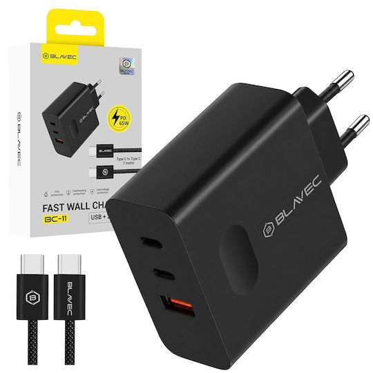 Blavec GaN Зарядно Устройство С USB-A Порт И 2 USB-C Порта И Кабел USB-C - USB-C 65W Power Delivery / Quick Charge 3.0 Черен (BC-11)