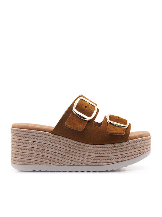 Sommer Damenplattformen in Stil Pantoffeln Tabac Braun