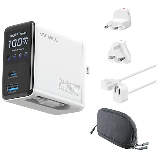 4Smarts Φορτιστής GaN με Θύρα USB-A και Θύρα USB-C και Καλώδιο USB-C 100W Power Delivery Λευκός (Flex Screen AI)