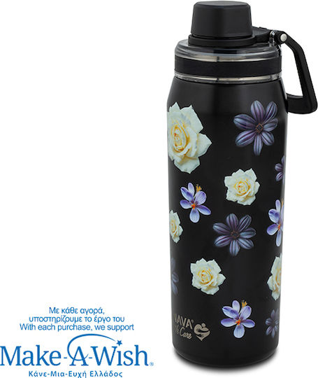 Nava "we Care" Thermos Stainless Steel Bottle 500ml Black Floral