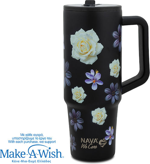 Nava "we Care" Handled Tumbler Thermos Stainless Steel / Plastic 900ml Black Floral with Straw and Handle