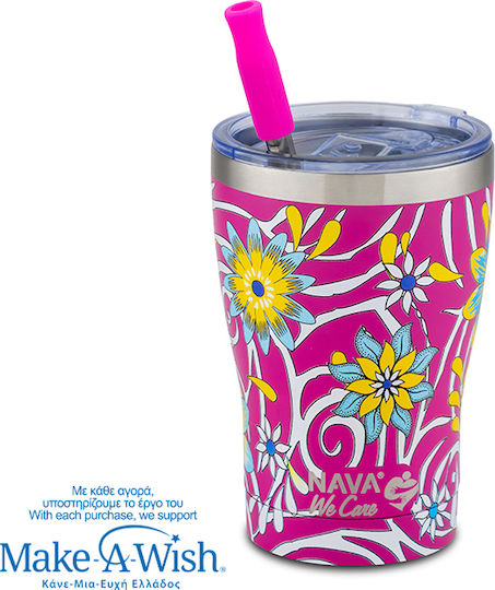 Nava "we Care" Thermos Cup Stainless Steel 400ml Magenta Floral with Straw