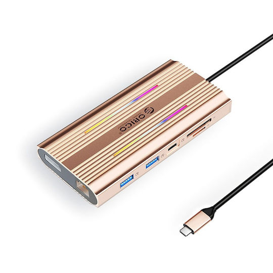 Orico XDR 12in1 RGB USB-C Docking Station με HDMI/DisplayPort 4K PD Ethernet Ροζ Χρυσό