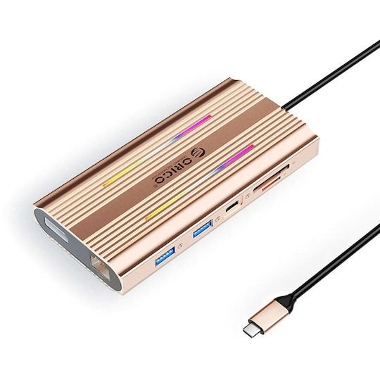 Orico XDR 12in1 RGB USB-C Docking Station με HDMI/DisplayPort 4K PD Ethernet Ροζ Χρυσό