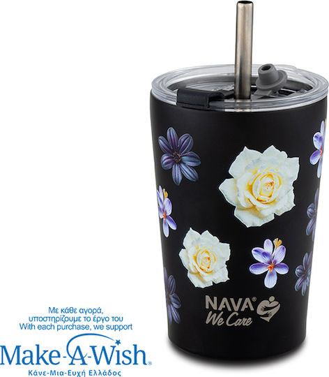 Nava we Care Thermos Cup Stainless Steel / Plastic BPA Free 350ml Black Floral with Straw