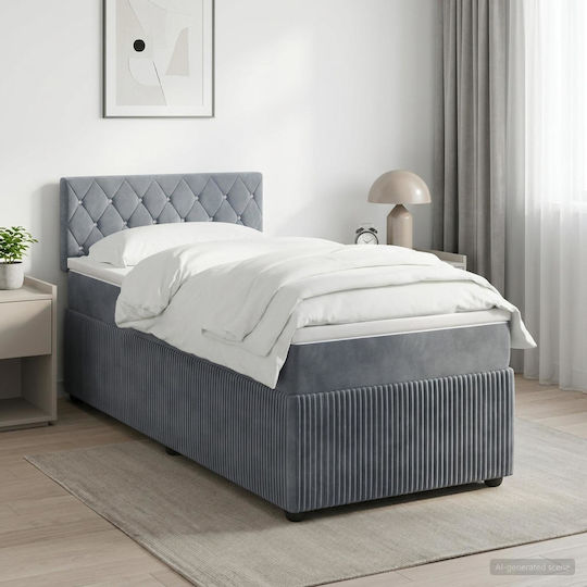 Pat Single Tapitat Cu Catifea Gri Închis Cu Plăci Și Saltea 80x200cm