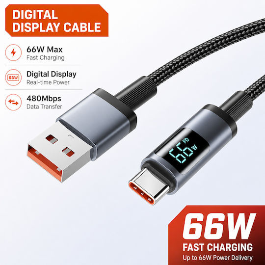 Geflochtenes LED Kabel USB Typ-C männlich - USB-A 66W Schwarzes 1,2m TG-UC66D-120-BK