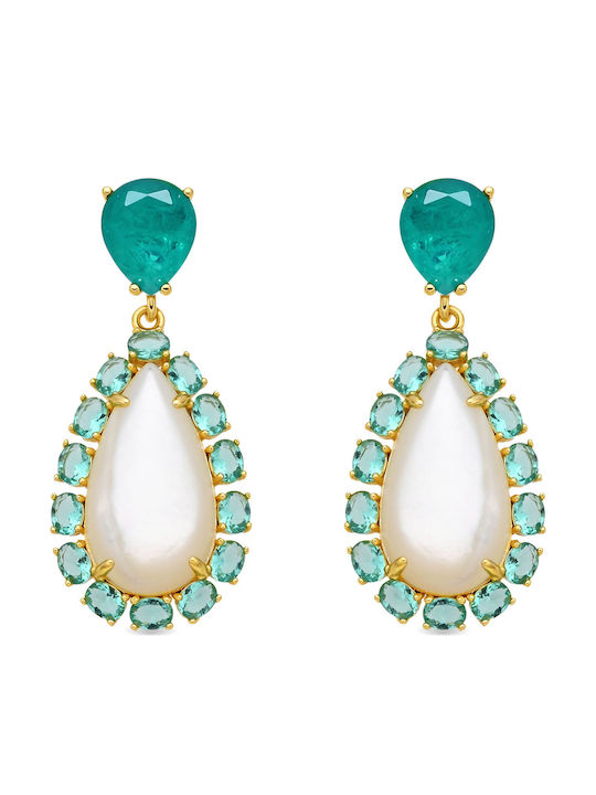 Luxenter Earrings Dangle from Silver Gold Plated with Stones & Pearls Green