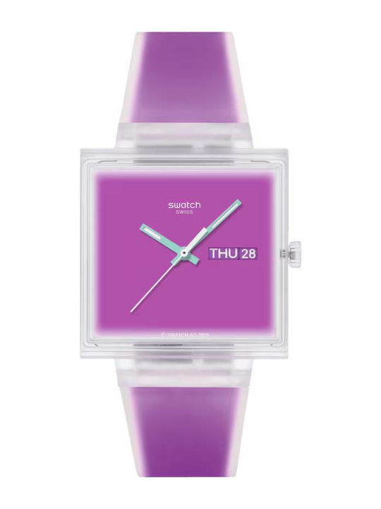 Swatch Damenuhr Batterie mit Lila Gummi Armband