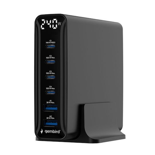 Gembird GaN Charging Station with 2 USB-A and 4 USB-C Ports 240W Power Delivery / Quick Charge 3.0 in Black Colour (TA-UC-2A4C-PD240-01-BK)