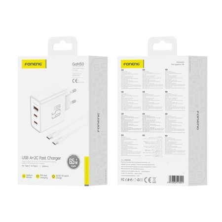 Foneng Φορτιστής GaN με Θύρα USB-A και 2 Θύρες USB-C και Καλώδιο USB-C - USB-C 65W Power Delivery / Quick Charge 3.0 Λευκός (GaN50)