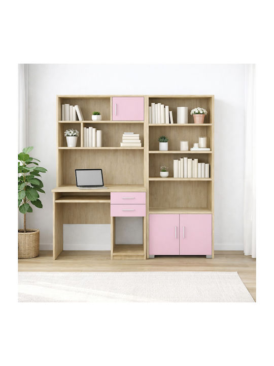 Kinder Schreibtisch mit Bibliothek aus Melamin Rosa 175x55x180cm