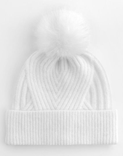 Pom Pom Beanie Unisex Beanie with Rib Knit in White Colour