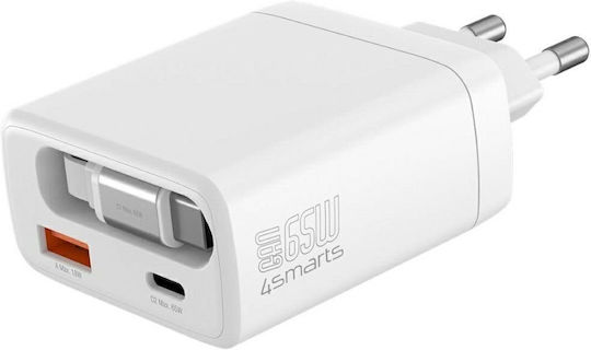 4Smarts Φορτιστής Χωρίς Καλώδιο GaN με Θύρα USB-A και Θύρα USB-C 65W Power Delivery / Quick Charge 3.0 / SuperCharge Λευκός (Pdplug Slim)