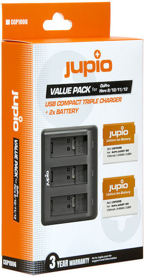 Jupio 2x Gopro Ahdbt-901 Enduro Hero9 Hero10 Hero11 Hero 12 + Compact Usb Triple Charger