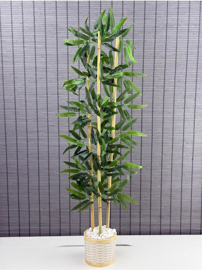 Stewehome Decorative Bamboo Tree Wicker Rattan Pot Wooden Detail Artificial Leaves 3 Trunks White 14x14x12 Cm
