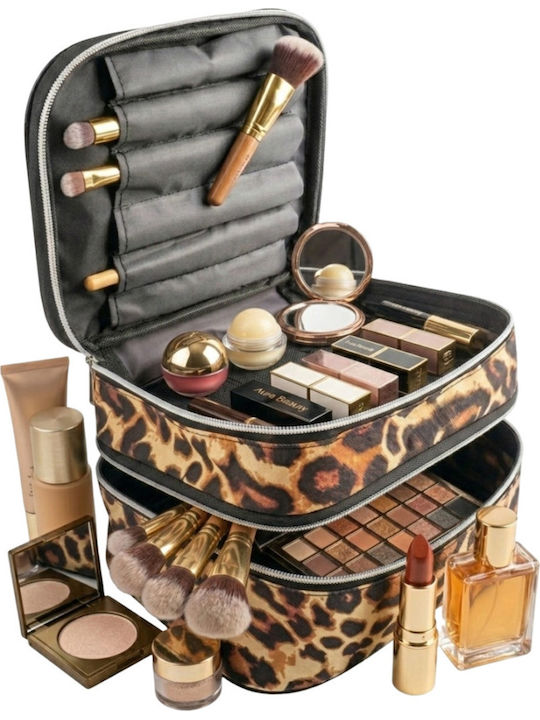 Enpapa Double Layer Large Travel Makeup Bag Functional Cosmetic Organizer Leopard Print