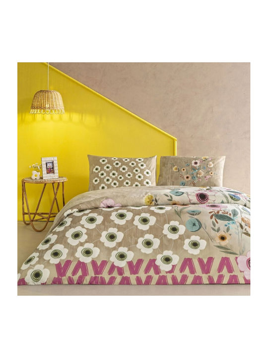 Tac Set Huse Pentru Pilote 100% Bumbac 200x220cm Dublu Cu 2 Fețe De Pernă & 1 Cearșaf Bej Model Floral