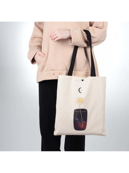 Enpapa Thick Fabric Shopping Bag Clip Closure Galaxy Design Beige 35x40 Cm