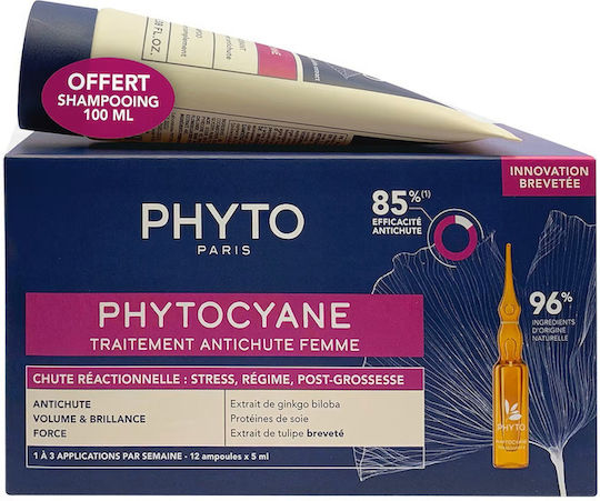 Set Phyto Set Phytocyane Serum Tratament Leave In pentru scalp Anti-cădere a părului 12 buc 5 ml *fiolă + Phytocyane Șampon pentru păr Anti-cădere a părului 100 ml