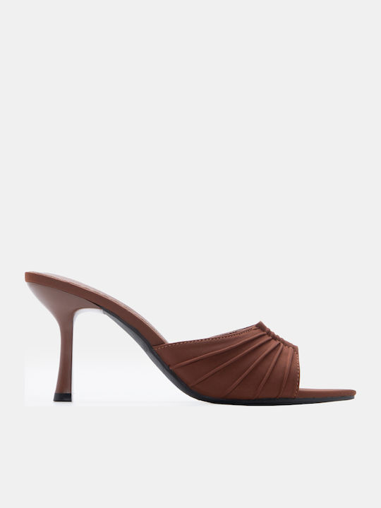 Luigi Satin Mules With High Heel In Brown Colour