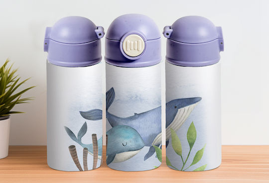 Cap Kids Water Bottle Thermos Stainless Steel with Straw Purple 360ml