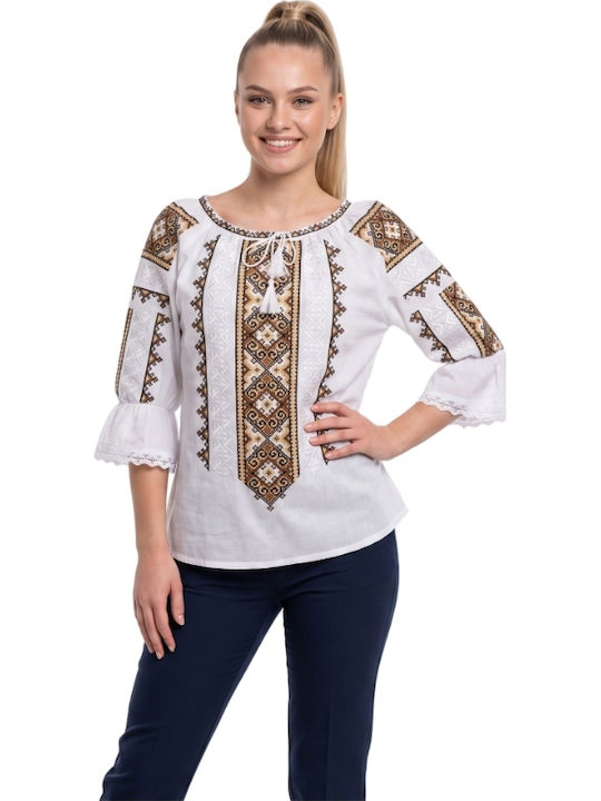 Bluza Damă Bumbac Mânecă Lungă Alb/Portocaliu