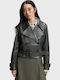 Short Leather Women's Jacket for Winter Olive