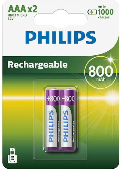 Philips Επαναφορτιζόμενες Μπαταρίες AAA Ni-MH 800mAh 2τμχ
