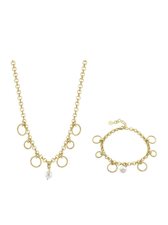 Oxette Schmuckset Mit Halskette Und Armband Aus Stahl Vergoldet Mit Perlen