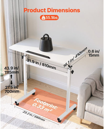 Wooden Desk White with Metal Legs & Adjustable Height 81x41x111.5cm
