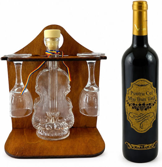 Set Premium Best Dad Minibar Rustic Din Lemn Sticlă În Formă De Vioară Două Pahare Pe Un Suport Vin Roșu Personalizat