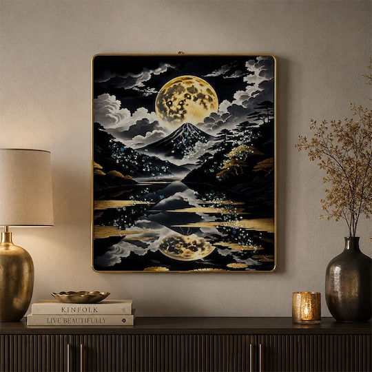 Moderner Dekorativer Gemälde Mount Fuji Vollmond 3D-Relief Kristalle Goldener Rahmen 40x30 cm