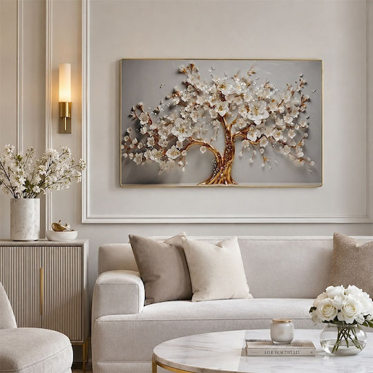 Modern Dekorative Ölgemälde 3D Blühender Baum Weiße Blumen Kristalle Goldener Rahmen 60x40 cm