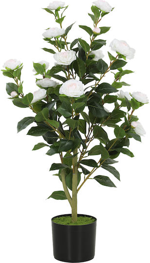 HomCom Artificial Camellia Realistic Flowers 176 Leaves Peva Black Pot Pp Cement White 83c-225v00wt