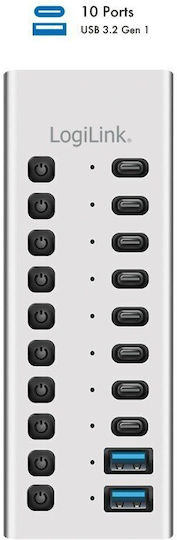 LogiLink USB Hub 10 Ports USB 3.2 with USB-C Connection Silver