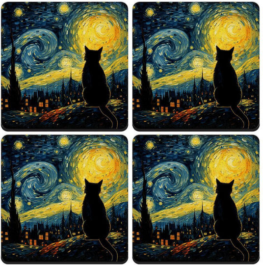 Koupakoupa Starry Night Cat Untersetzer Hölzernes 4 Stück