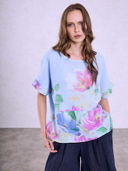 Celestino Women's Linen Blouse Floral Print Loose Fit Light Blue