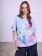 Women's Linen Blouse Floral Print Loose Fit Light Blue
