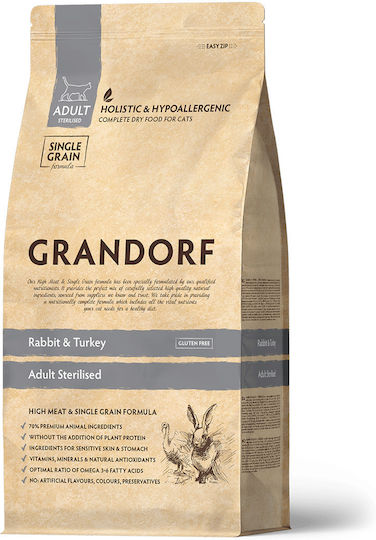 Grandorf Grandorf Trockenfutter für Katzen ohne Getreide für Erwachsene kastrierte Katzen mit Kaninchen / Türkei / Fleisch / Mais / Huhn 2kg