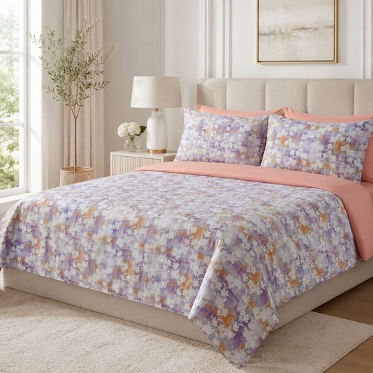 Pucioasa Set Huse Pentru Pilote 100% Bumbac 200x230cm Dublu Cu 2 Fețe De Pernă & 1 Cearșaf Orchid Mist