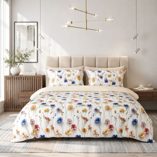 Pucioasa Duvet Cover Set 240x250cm Double With 2 Pillowcases & 1 Bed Sheet Colorful Flowers