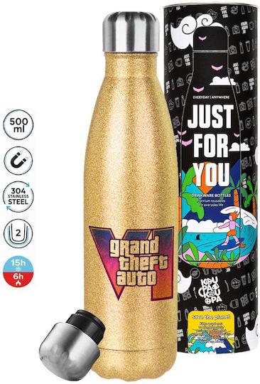 Koupakoupa GTA VI Stainless Steel Thermos Bottle 500ml Glitter Gold with Straw