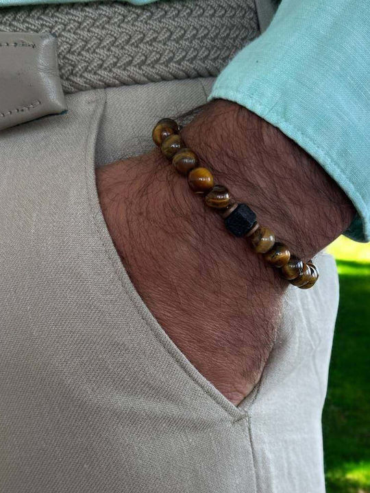 Handmade Men's Elastic Bracelet Silas Made Tiger Eye Lava Stone