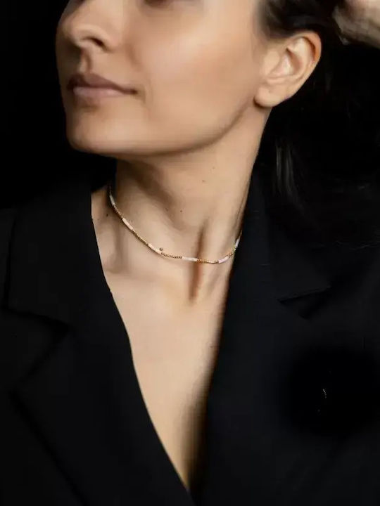 Colier Cu Piatră Semiprețioasă Roz Cuarț Elegant Piatră Naturală Choker Vania Sunstone Miyuki Seed Placat Cu Aur 18k