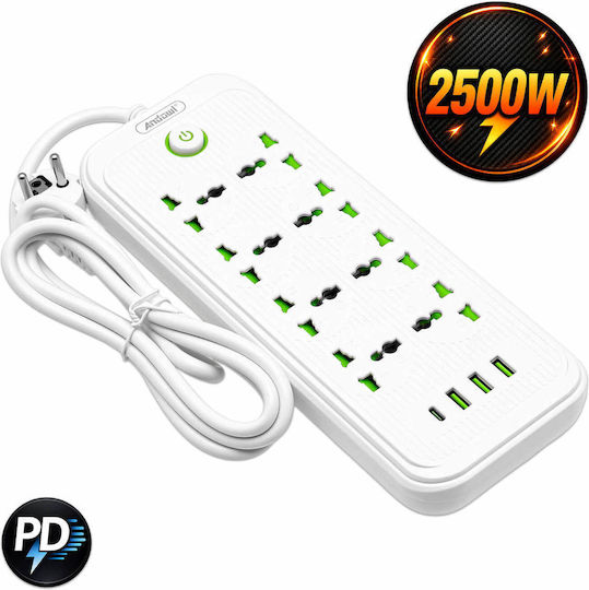 Andowl Power Strip 8 Sockets with 3 USB-A, USB-C, Switch and Cable 2m