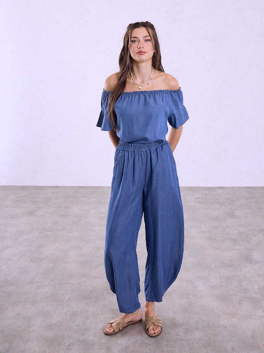 Celestino Pantaloni Dama Trucs Cu Buzunare Lejeri Fit Albastri