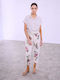 Celestino Pantaloni Dama Din In Floral Cu Curea Bej