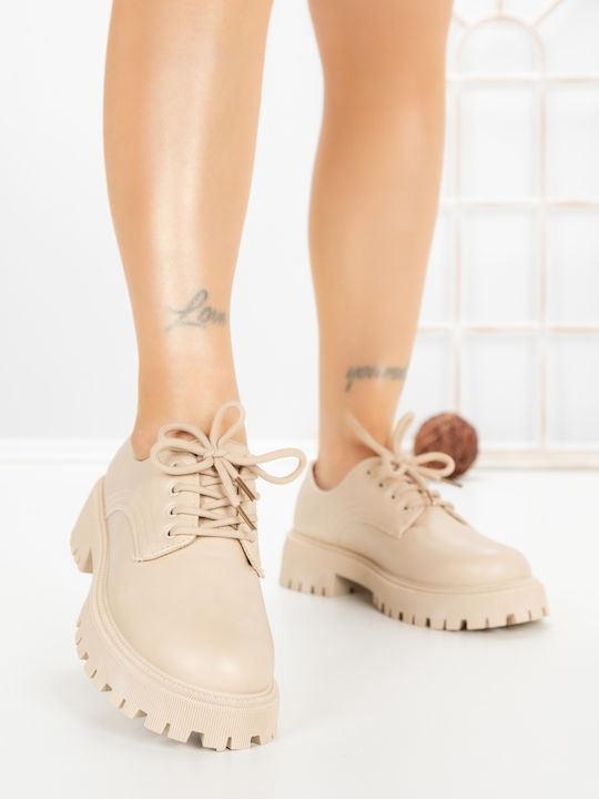 Δερμάτινα Γυναικεία Oxfords σε Μπεζ Χρώμα
